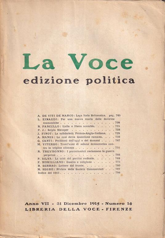 La Voce. Edizione politica - anno VII, n. 14, 31 dicembre 1915 - copertina