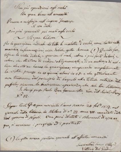 Non più operazioni agli occhi. Un gran bene all'umanità. Pruove a migliaia nell'impero Francese si son date. Non più spaventi per male agli occhi. Acqua Celeste. Per la guarigione radicale di tutte le malattie d'occhi, c - copertina