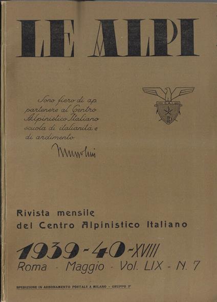 Le alpi Vol. LIX n. 7 1939-40 - copertina