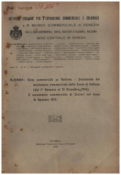 Note commerciali su Vallona-Statistiche del Movimento commerciale dello Scalo di Vallona ( dal 1 gennaio al 31 Dicembre 1914) - copertina