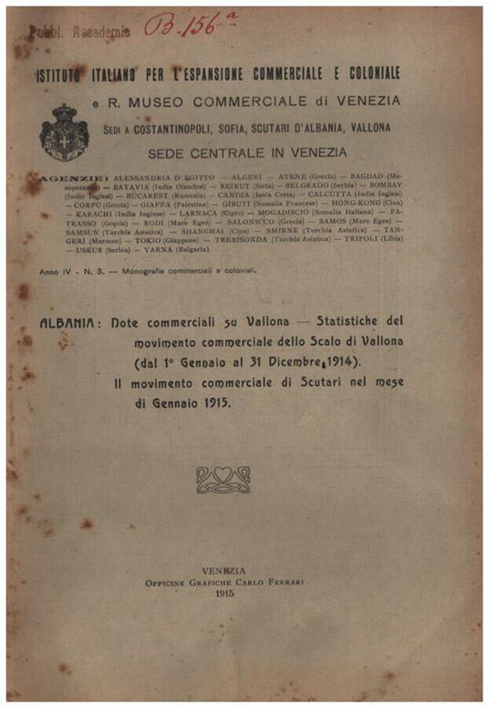 Note commerciali su Vallona-Statistiche del Movimento commerciale dello Scalo di Vallona ( dal 1 gennaio al 31 Dicembre 1914) - copertina
