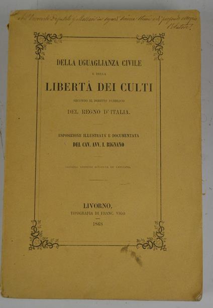 Della uguaglianza civile e della libertà dei culti secondo il diritto publico del Regno d'Italia - copertina