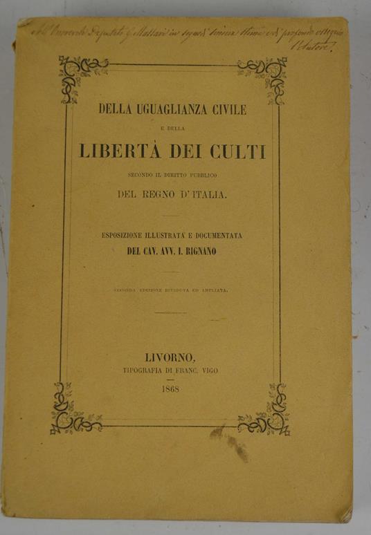 Della uguaglianza civile e della libertà dei culti secondo il diritto publico del Regno d'Italia - copertina