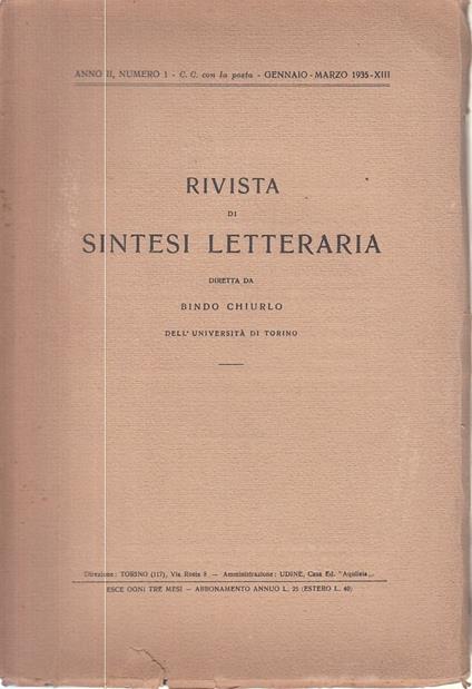 Rivista Di Sintesi Letteraria Anno Ii N.1 - copertina