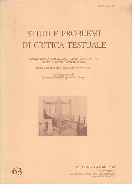 Studi E Problemi Di Critica Testuale N.63 - Emilio Pasquini - copertina