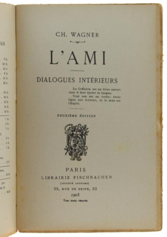 L' Ami. Dialogues Intérieures. - Wagner Charles - Librairie Fischbacher, - 1903 - copertina