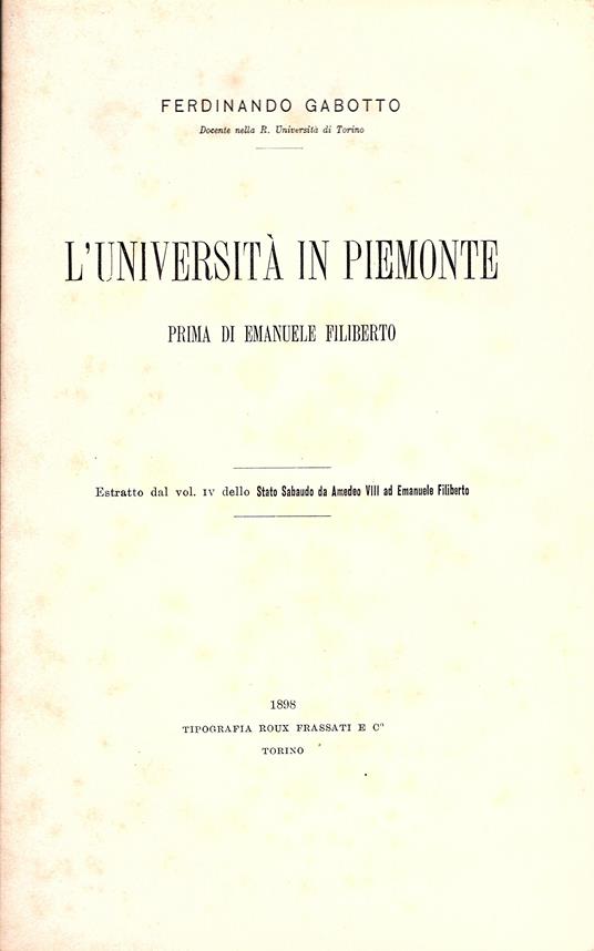 L' Università in Piemonte prima di Emanuele Filiberto - Ferdinando Gabotto - copertina
