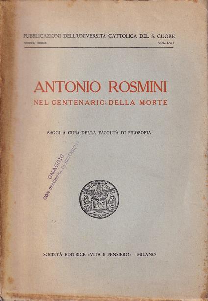 Antonio Rosmini nel centenario della morte. Saggi a cura della Facoltà di Filosofia - copertina