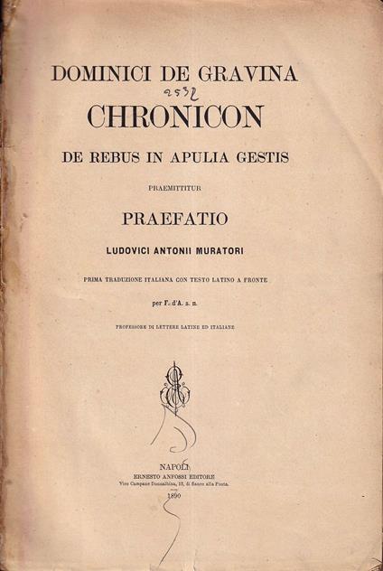 Chronicon de rebus in Apulia gestis. Praemittitur praefatio Ludovici Antonii Muratori - copertina