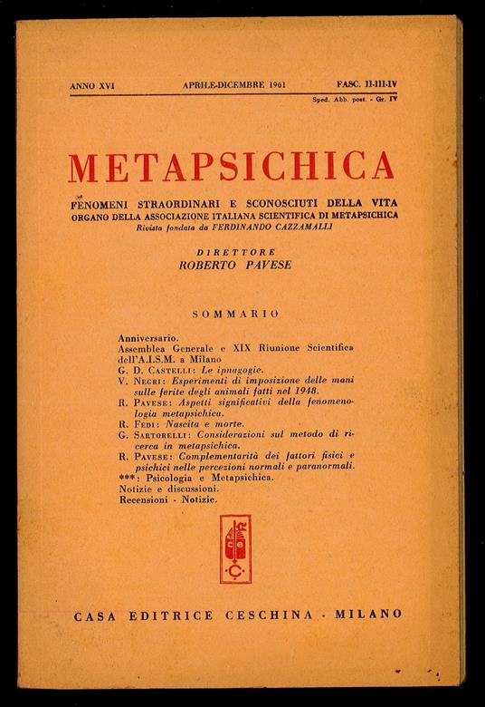 Metapsichica Fenomeni Straordinari e Sconosciuti della Vita 1961 n. II-II-IV - Roberto Pavese - copertina