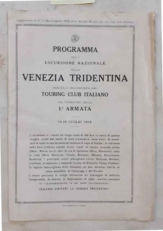 Programma della escursione nazionale nella Venezia Tridentina indetta e organizzata dal Touring Club Italiano col patrocinio della 1^ Armata. 14 - 19 luglio 1919 - copertina