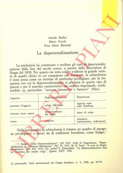 La depersonalizzazione - copertina