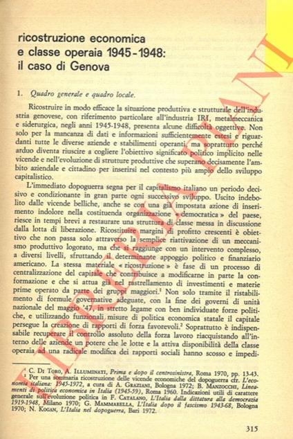 Ricostruzione economica e classe operaia 1945-1948: il caso di Genova - Paride Rugafiori - copertina