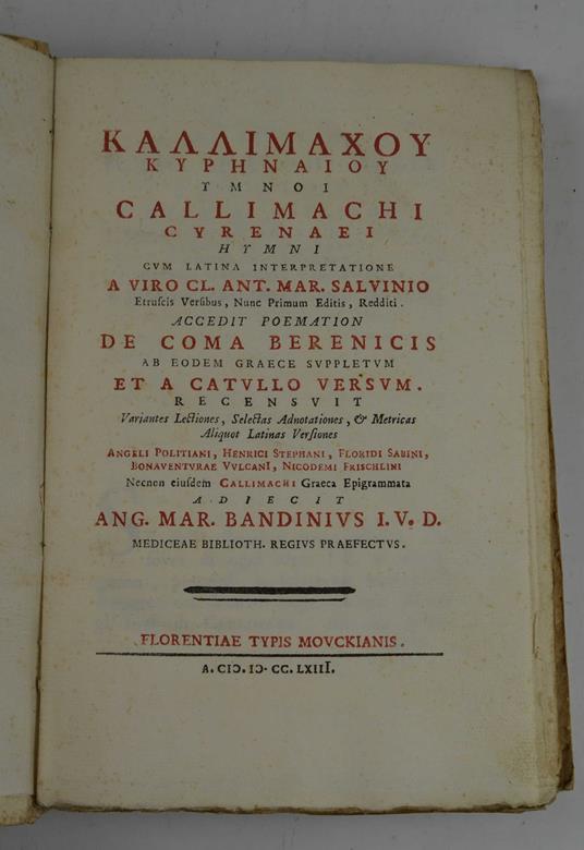 Callimachi Cyrenaei Hymni cum latina interpretatione a Viro Cl. Ant. Mar. Salvinio… - Callimaco - copertina