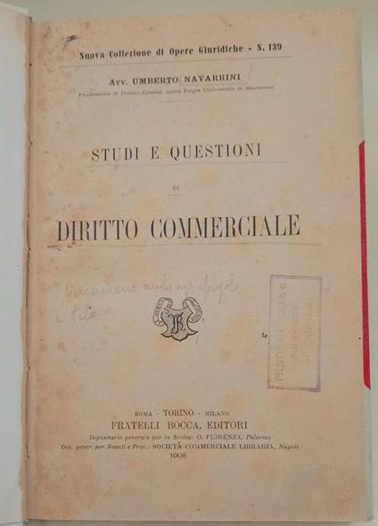 Studi E Questioni Di Diritto Commerciale(1908) - copertina