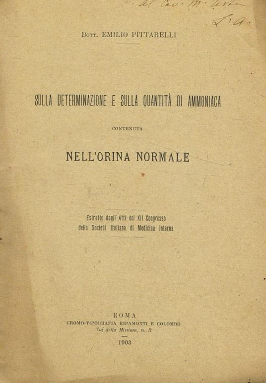 Sulla determinazione e sulla quantità di ammoniaca contenuta nell'orina normale - copertina