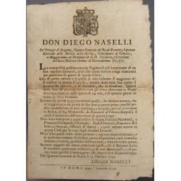 Editto Don Diego Naselli. Per assicurare la tranquillità della popolazione i forestieri devono abbandonare Roma ad eccezione di coloro che vivono in città da più di due anni - copertina