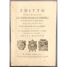 Editto. Dell'emo e Rino Signor Cardinale Giuseppe Doria Pamphilj pro-camerlengo di santa chiesa. Sulla riduzione dei pagamenti derivanti da obligazioni contratte o nate in tempo del discredito della moneta - copertina