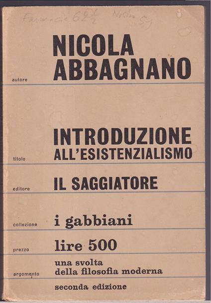Introduzione all'esistenzialismo - Nicola Abbagnano - copertina