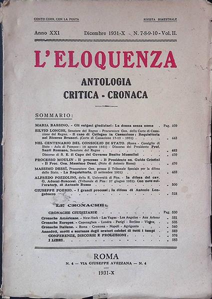 L' Eloquenza. Antologia critica-cronaca. Anno XXI, dicembre 1931-X, n.7-8-9-10-Vol.II - copertina