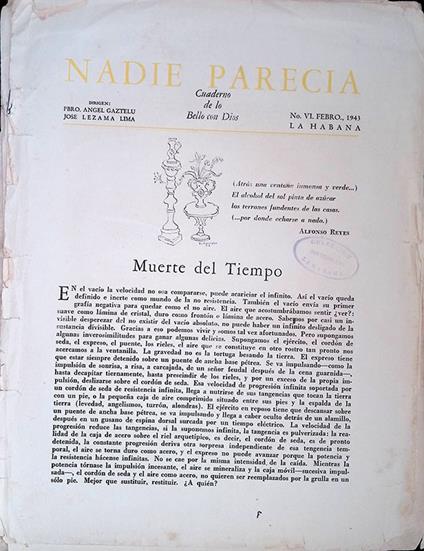 Nadie Parecia. Cuaderno de lo Bello con Dios. N. VI febro 1943 - José Lezama Lima - copertina