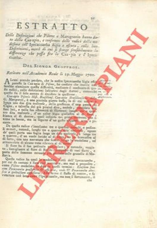 .. la differenza che passa tra la Caa-pia e l'Ipecacuanha. Sopra due specie' di the trovare alla Martinica. Persicaria orinetamlis nicotianae folio. Descrizione di due specie di Chamaerhododendros osservate sulle spiagge del Mar Nero - Jean Geoffroy - copertina