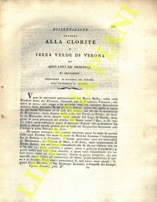 Dissertazione intorno alla clorite o terra verde di Verona - copertina