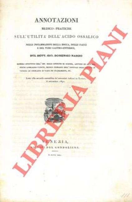 Annotazioni medico-pratiche sull'utilità dell'acido ossalico nelle infiammazioni della bocca, delle fauci e del tubo gastro-enterico - Giandomenico Nardo - copertina