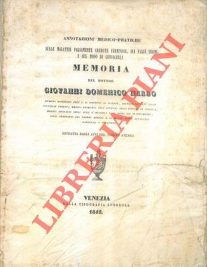 Annotazioni medico-pratiche sulle malattie erroneamente credute verminose, sui falsi vermi, e sul modo di conoscerli - Giandomenico Nardo - copertina