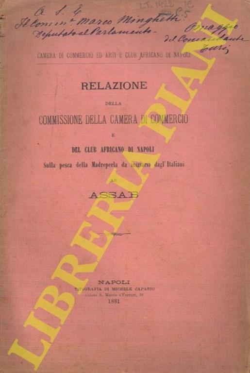 Relazione della Commissione della Camera di commercio e del Club africano di Napoli sulla pesca della madreperla da iniziarsi dagl'italiani ad Assab - copertina