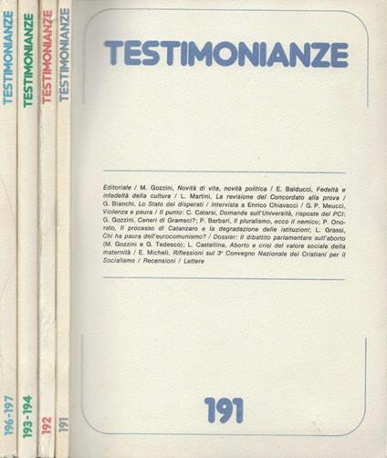 Testimonianze Anno XX n. 191, 192, 193-194,196-197 - copertina