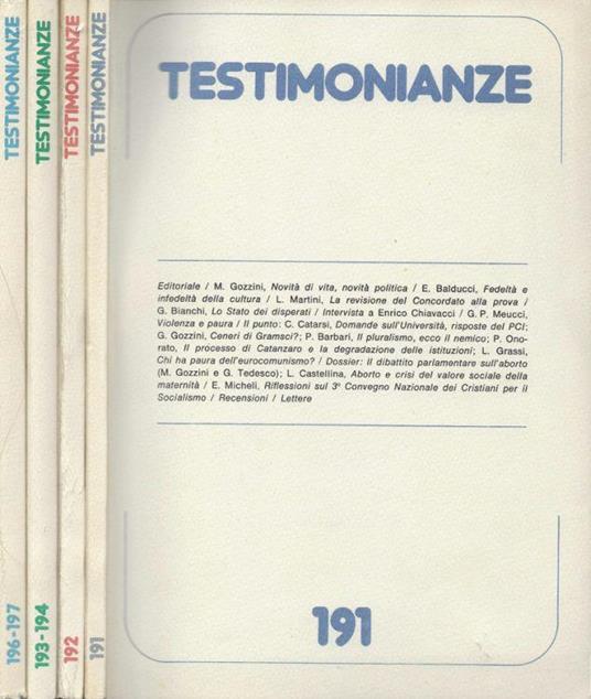 Testimonianze Anno XX n. 191, 192, 193-194,196-197 - copertina
