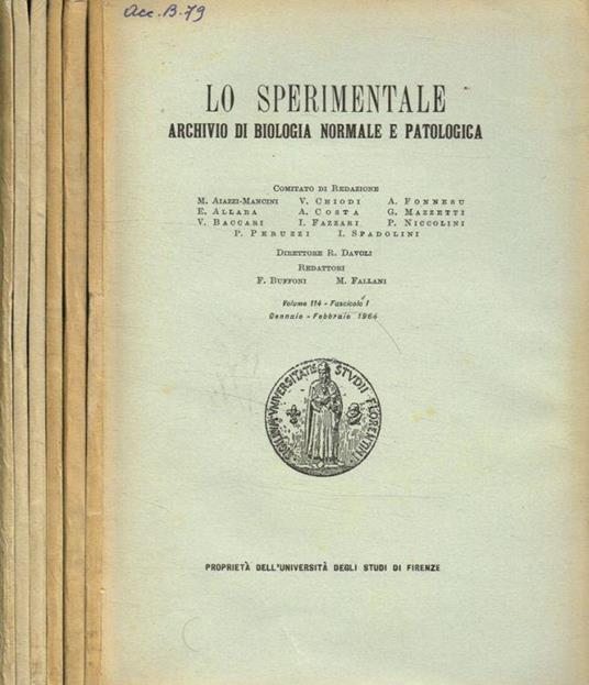 Lo Sperimentale. Archivio di biologia normale e patologica. Vol.114, 1964 - copertina