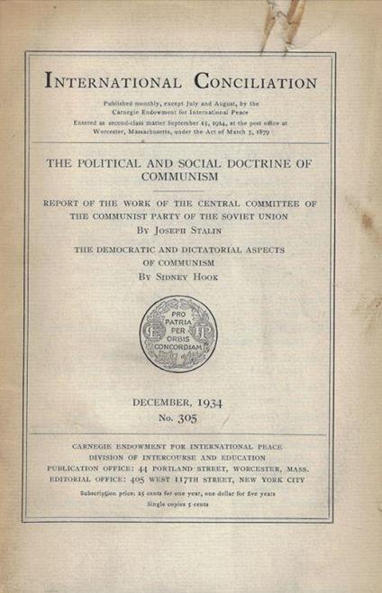 International Conciliation. Anno 1934 n. 305- The political and social doctrine of communism - Sidney Hook - copertina