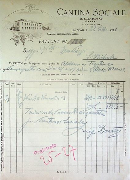 Cantina sociale - Aldeno: fattura - copertina
