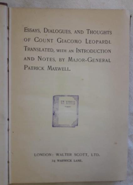 Essays, Dialogues, And Thoughts Of Count Giacomo Leopardi - copertina