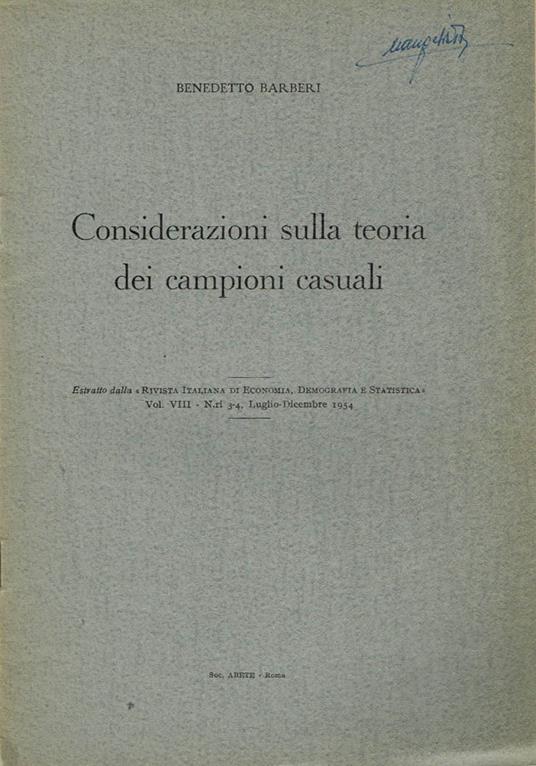 Considerazioni sulla teoria dei campioni casuali - Benedetto Barberi - copertina