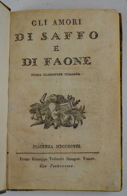 Gli amori di Saffo e Faone. Prima traduzione italiana - copertina