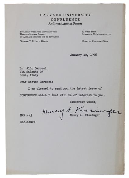 Henry A. Kissinger Autograph: Original Letter Signed (Jaunuary 10, 1956) - Henry Kissinger - copertina