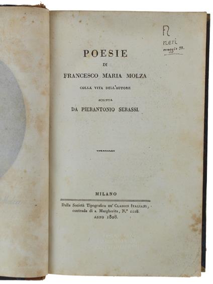 Poesie Colla Vita Dell'Autore Scritta Da Pierantonio Serassi - Francesco M. Molza - copertina