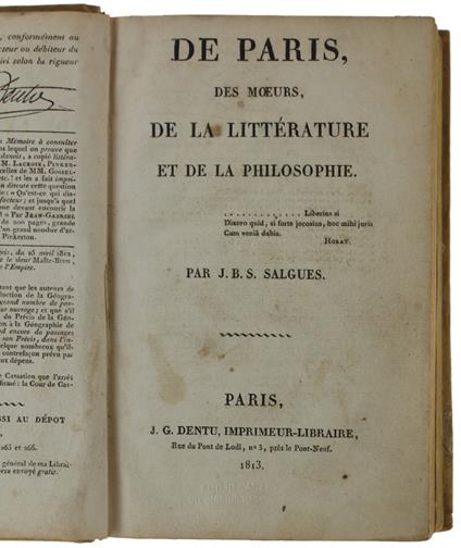 De Paris, Des Moeurs, De La Littérature Et De La Philosophie [Edition Originale] - copertina