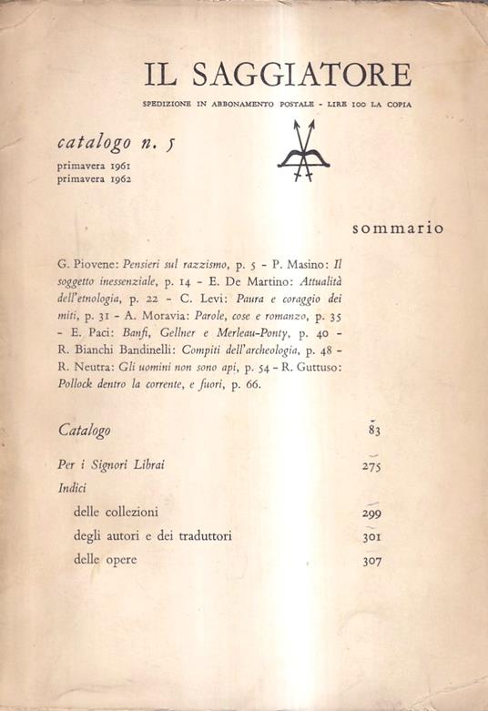 Il Saggiatore. Catalogo n. 5, primavera 1961 - primavera 1962 - copertina