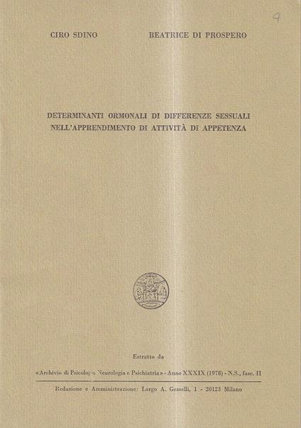 Determinanti ormonali di differenze sessuali nell'apprendimento di attività di appetenza - copertina
