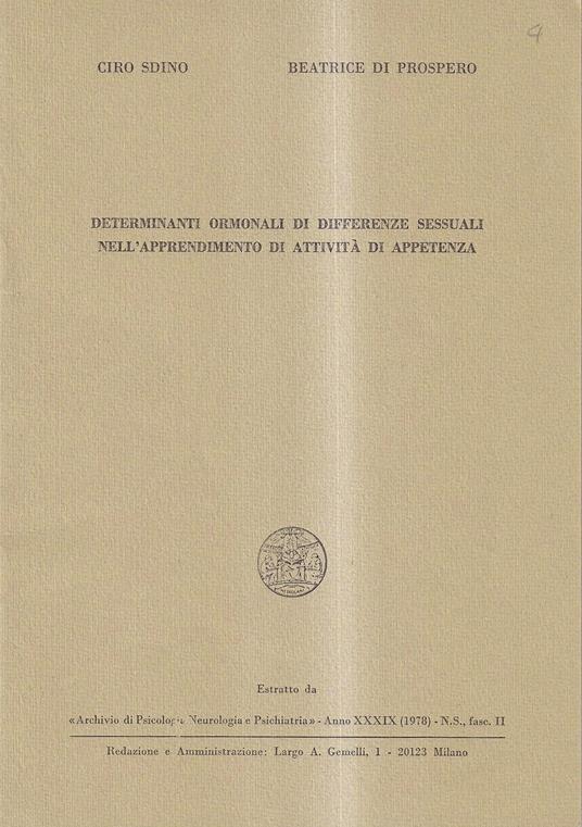 Determinanti ormonali di differenze sessuali nell'apprendimento di attività di appetenza - copertina