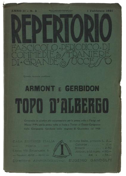 Topo D'Albergo. Commedia In Quattro Atti. Repertorio. Fascicolo Periodico Di Commedie Straniere Di Grande Successo. Anno Ii - copertina
