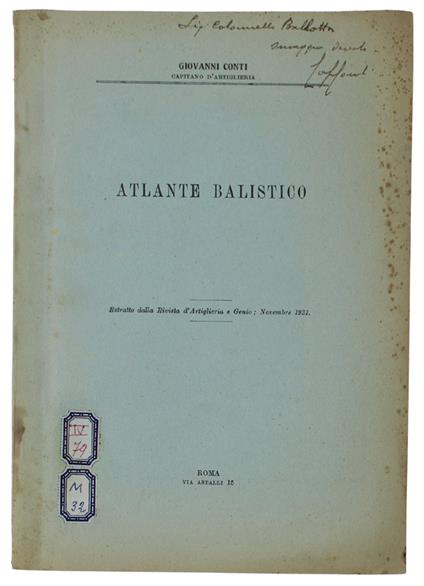 Atlante Balistico. Estratto Dalla Rivista D'Artiglieria E Genio, Novembre 1931 - Giovanni Conti - copertina