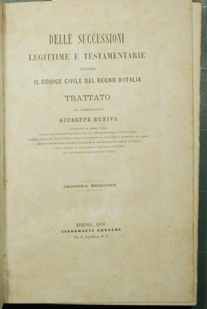 Delle successioni legittime e testamentarie secondo il Codice civile del Regno d'Italia - Giuseppe Bruni - copertina