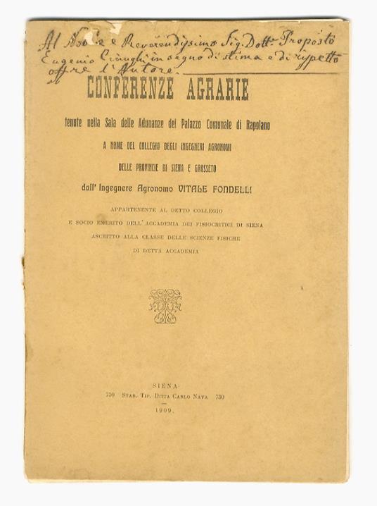 Conferenze agrarie tenute nella Sala delle Adunanze del palazzo Comunale di Rapolano, a nome del Collegio degli Ingegneri Agronomi delle provincie di Siena e di Grosseto - copertina