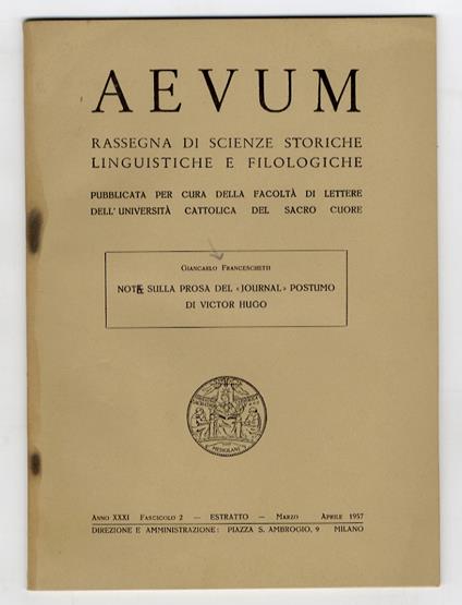 Note sulla prosa del "Journal" postumo di Victor Hugo - Giancarlo Franceschetti - copertina