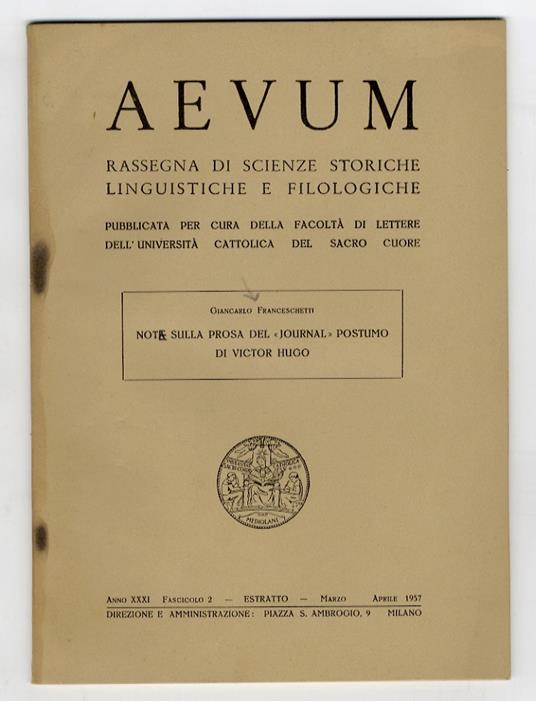 Note sulla prosa del "Journal" postumo di Victor Hugo - Giancarlo Franceschetti - copertina